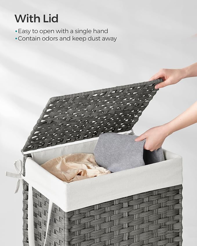SONGMICS Laundry Hamper with Lid, 23.8 Gallon (90 L) Synthetic Rattan Clothes Laundry Basket with Lid and Handles, Foldable, Removable Liner, Dove Gray ULCB51WG - Image 3
