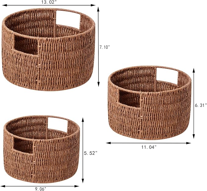 Wicker Storage Basket, Hand-Woven Paper Rope Large Round Woven Basket With Handles, Wicker Baskets for Organizing/Storage, Brown, 3-Pack - Image 2