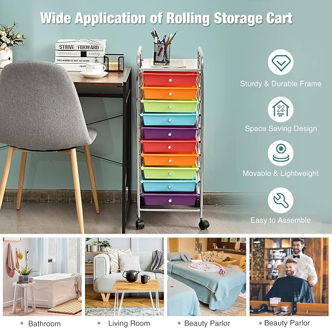 GOFLAME 10-Drawer Rolling Storage Drawer Cart, Utility Cart with Removable Drawers & Metal Frame, Mobile Art Craft Drawer Cart with Lockable Wheels for Home, Office, Studio, School, Multicolor - Image 4
