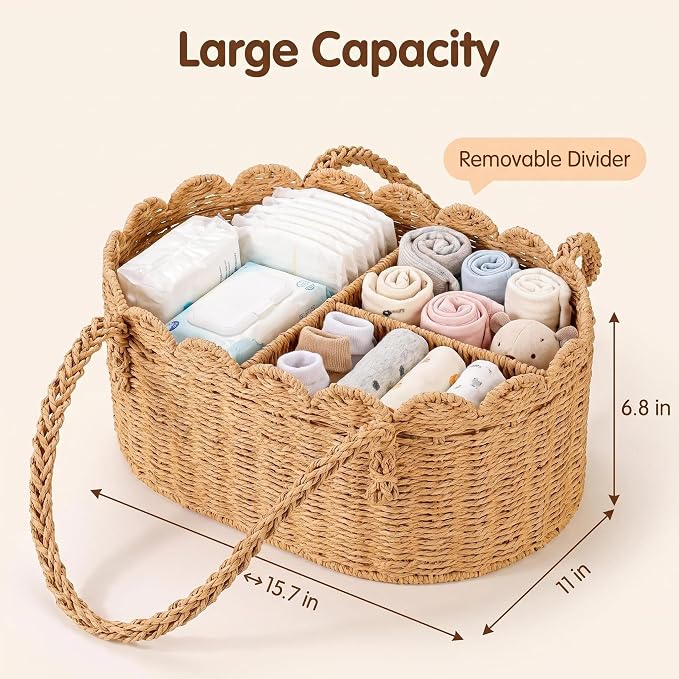 Woven Diaper Caddy for Baby, Paper Rope Storage Bin with Removable Divider, Baby Stuff Organizer for Nursery, Portable Car Storage Basket for Diapers, Baby Shower Gifts, Newborn Essentials Must Haves - Image 3
