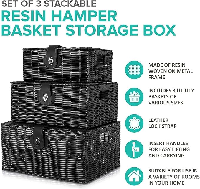 Set of 3 Woven Wicker Storage Basket Box with Lids & Lock, Built-in Carry Handles, Multifunctional Storage Organizer for Nursery, Baby, Clothes, Toys, Books, Large/Medium/Small Size (Black) - Image 4