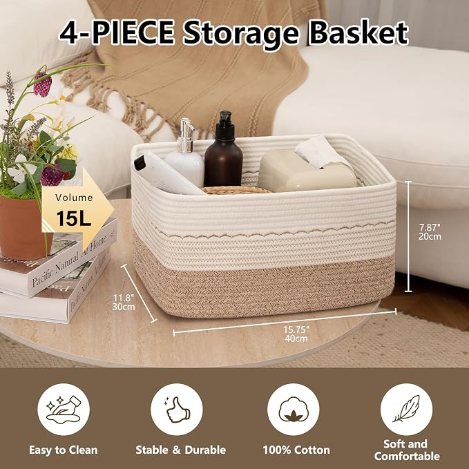 OIASKET 4 Pack Storage Baskets for Organizing, 15.75''x11.8''x7.87'', Decorative Cotton Rope Baskets for Shelves, Small Woven Basket for Toys, Books and Towels, Brown&White - Image 3