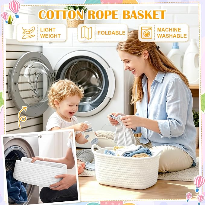 10 Pack Empty Gift Baskets, 12x8x5 Small White Woven Cotton Rope Baskets with Gift Bags & Ribbons, Decorative Baby Shower Hamper, Nursery Storage Basket with Handles for Shelves - Image 6