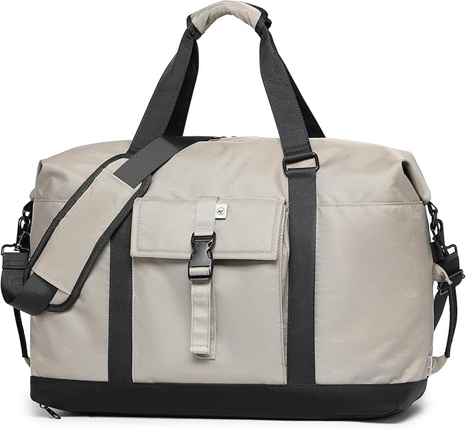 Duffel with Utility Pouch, 40L Weekender Overnight Bag with Shoe Compartment for Travel and Sports (Grey and black) by SUNNYBIRD