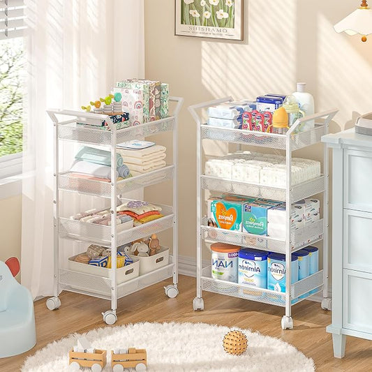 2 Pack Baby Diaper Caddy Cart, 4-Tier Diaper Caddy Organizer and Storage, Rolling Utility Cart for Baby Supplies, Diaper Cart with Wheels for Bedroom, Nursery, Changing Table, White by 3IngSeagulls