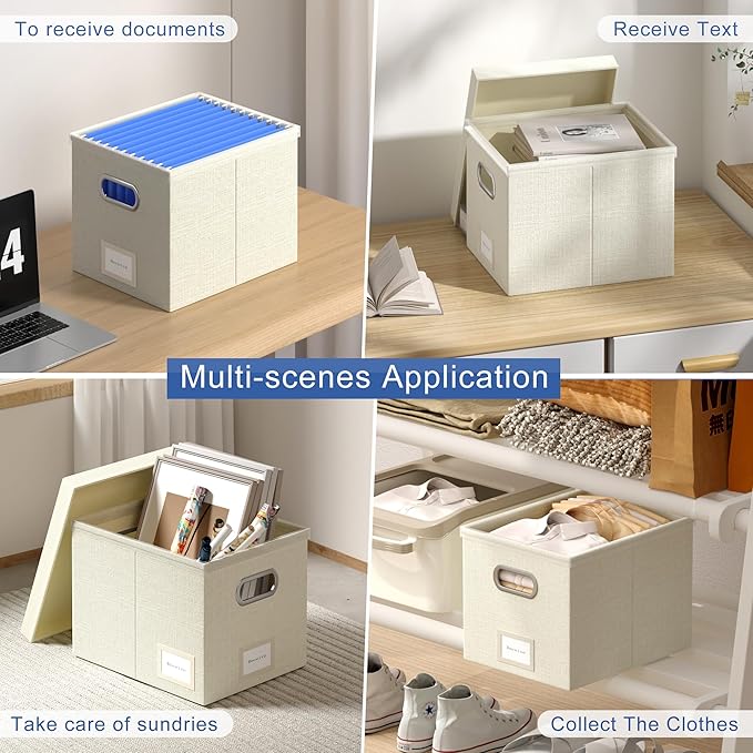 File Organizer Box - File Boxes for Hanging Files with Lid Set of 2 Decorative Hanging Folders Organizer with One-Piece Plastic Frame Slides (Beige White, 13.2 * 10.1 * 10.1in(2Pack)) - Image 2