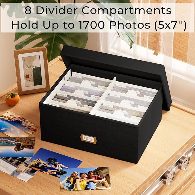 Decorative Photo Storage Box, Linen Photo Box Holds 1700 5x7 Pictures Black | Photo Storage Containers with 8 Dividers, Memory Keepsake Organizer for Photos, Scrapbook Supplies, Cards, Stamps,Archive Box - Image 2