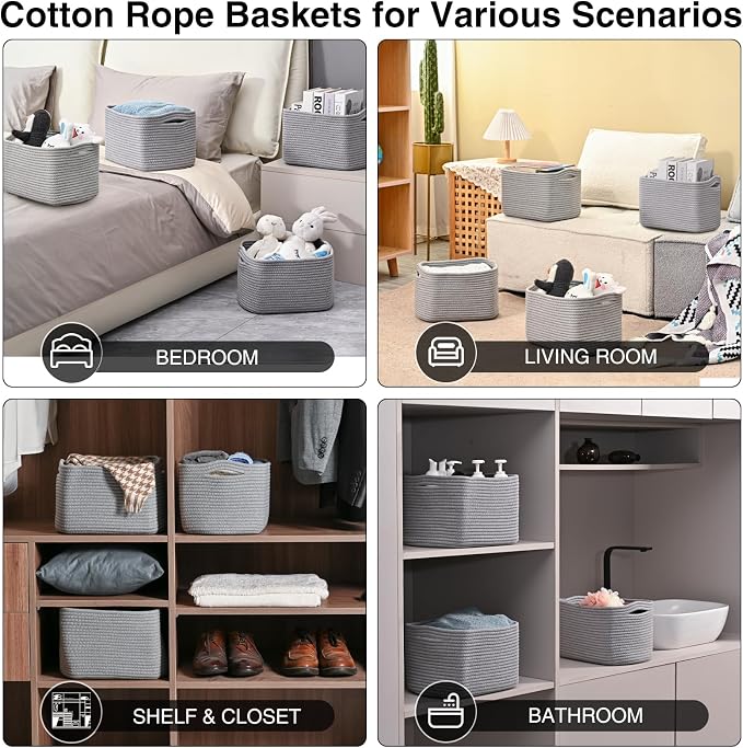 Small Storage Baskets for Organizing, Woven Storage Baskets for Shelves, Cotton Rope Basket for Storage, Cute Rectangular Book Toy Grey Basket, 12.7"×9.1"×7.9", 4 Packs, Grey - Image 4