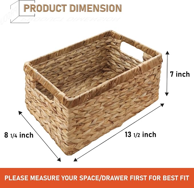 2-Pack Handwoven Water Hyacinth Storage Baskets with Handles, Wicker Bins for Pantry Organization, Shelf or Closet Organizer, Decorative Boho Rectangular Basket 13.5" x 8" - Image 2
