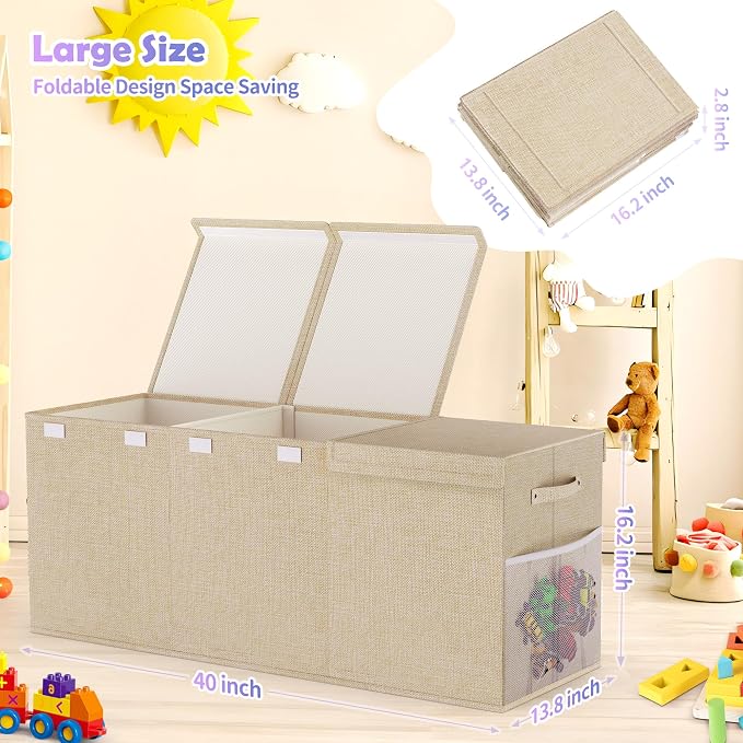Extra Large Toy Box, Collapsible Toy Storage Organizer, 40"x16"x16", Beige | Sturdy Kids Toys Bin Chest with 2 Mesh Pockets and Dividers for Boys Girls, Bedroom & Living room Toy Organization - Image 7