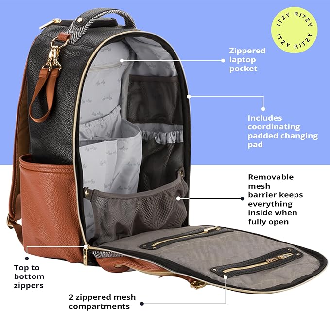 Itzy Ritzy Boss Plus Diaper Bag Backpack with 19 Pockets (Coffee & Cream) | Large Diaper Bag Backpack Includes 2 Insulated Bottle Pockets, Changing Pad, Stroller Clips, Padded Straps, Travel-Ready - Image 6