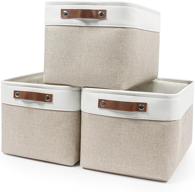 Storage Bins Large Fabric Storage Baskets for Shelves 3 Pack, Decorative Linen Closet Baskets with Handles for Organizing, Shelf, Clothes, Home, Office, 15x11x9.5Inches (Beige&White) by Bagnizer