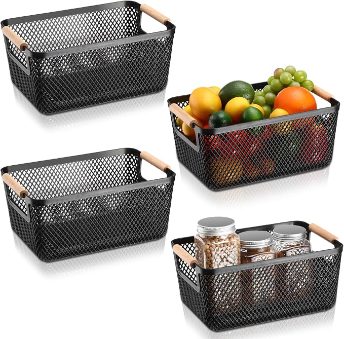 Tioncy 4 Pcs Plastic Mesh Baskets with Wood Handle Woven Mesh Storage Organizer Bins Multi-function Rectangle Baskets for Home Pantries Shelves Closet Kitchens Bedrooms(12.01 x 8.03 x 5.59 Inches) - Image 8