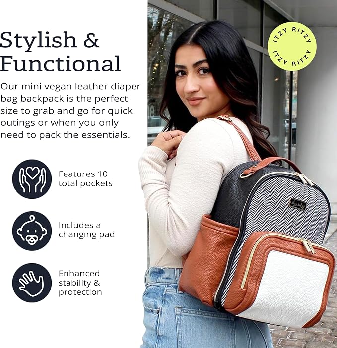 Itzy Ritzy Mini Diaper Bag Backpack 10 Pockets Changing Pad, Coffee & Cream | Chic Mini Plus Diaper Bag with 2 Insulated Bottle Pockets, Key Lanyard, Wipeable Changing Pad, Grab-Top Handle & Rubber Feet - Image 4