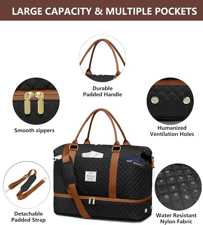 Travel Weekender Bags for Women Duffle - Carry on Overnight Bag with Shoe Compartment & Toiletry Gym Duffel Bags with Wet Pocket Hospital for Labor and Delivery Black Brown - Image 4