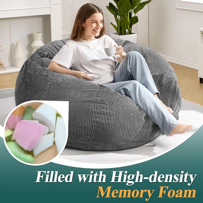 5FT Bean Bag Chair for Adults,Gaint Teardrop Beanbag with Filler | Beanbag Chair with Memory Foam Filled,Bean Bags with Handy Handle&Machine Washable Cover for Living Room,Bedroom-Grey - Image 4