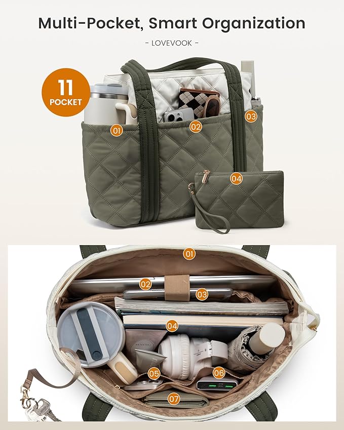 LOVEVOOK Puffer Tote Bag for Women, Puffy Work Handbag with Cup Holder, Travel Carry On Bag with Zipper for Teacher Nurse Gym - Image 4