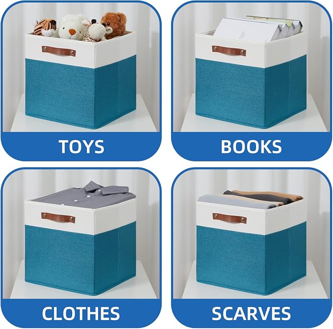 Temary Cube Storage Bins Storage Cube Bins for Home, 4 Pack Fabric Storage Bins for Organization, Storage Cubes 13x13 Cube Baskets with Leather Handles (White&Teal) - Image 4