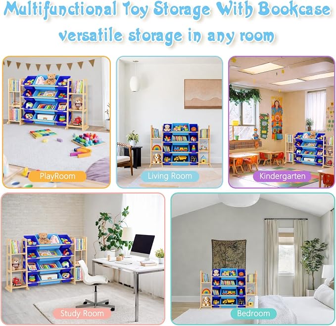 Kids Toy Storage Organizer with Bookshelf – Wooden Shelf with 12 Bins & 6 Shelves, Quick Assembly Storage Rack for Playroom, Bedroom, Nursery– Blue - Image 7