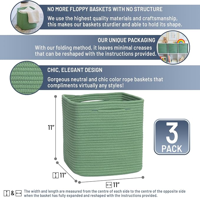 NaturalCozy Storage Cubes 11 Inch Cotton Rope Woven Baskets for Organizing, 3-Pack | Cube Storage Bin | Square Storage Baskets for Shelves Organizer, Classroom, Kids Toy Bins, Closet, Baby Nursery - Image 2
