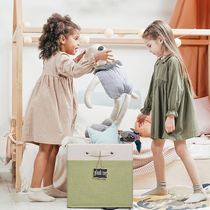 15x13x13 inch cube storage bin,Collapsible Fabric Storage Cubes with Labels 4 Pack,Linen Cube Storage Organizer Bins with Cotton Handles for Home,Nursery,Clothes,Shelves and Closet(White green). - Image 4