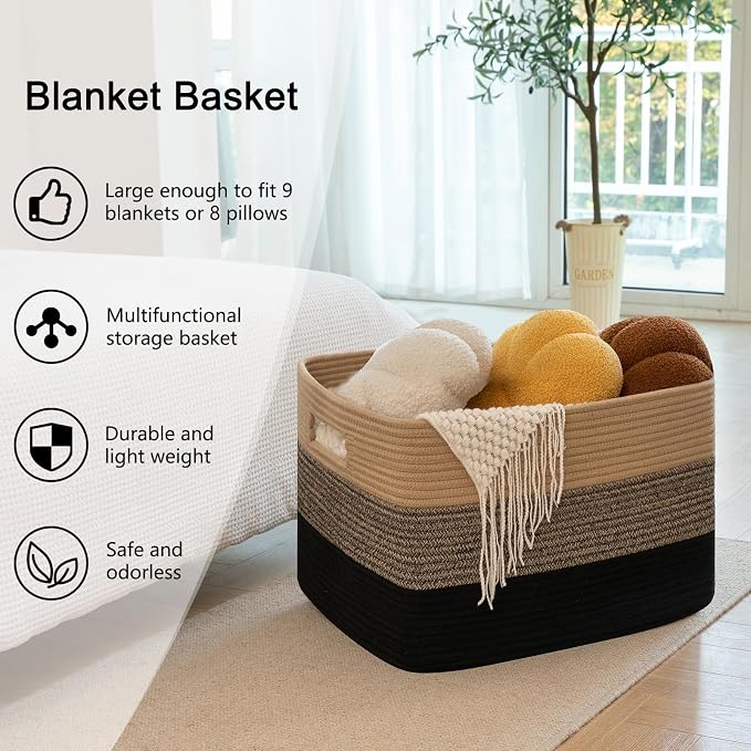 OIAHOMY 118L Extra Large Blanket Basket, Rectangle Woven Cotton Rope Storage Basket,Used for storing Dirty Clothes, Stuffed Animal Toy Storage for Living Room,Kids Room,25" x 17" x 16", Brown Black - Image 5