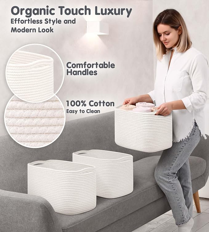 CHAT BLANC Cotton Rope Baskets for Organizing, Shelves, Toys, Storage, Shoe, Bathroom, Laundry, Towel, Nursery, Home Decor, Blanket, Cloth Woven Bins Fabric (Creamy White, 15"x10"x9") - Image 5