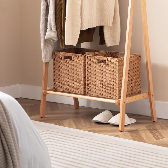UBBCARE 3 Pack Wicker Basket, 11L×11H×10.5W inch Woven Paper Rope Storage Baskets for Shelves, Foldable Cube Storage bin with Handle, Storage Basket for Organizing & Decor,Caramel - Image 6