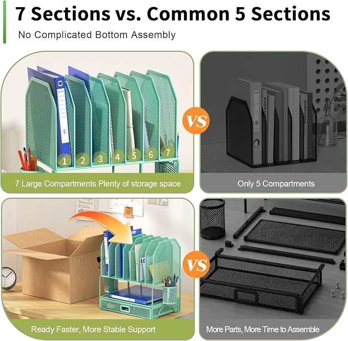 FANXIYQ Metal Desk Organizer with Sliding Drawer, 7-Section File Organizer for Desk, Desktop File Folder & Paper Organizer with 2 Hanging Pen Holders, Office Supplies Organizer, Green - Image 5