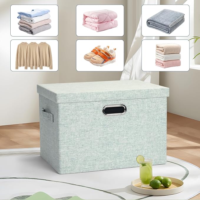 Storage Bins with Lids Fabric Closet Organizers Cubes Office Organization | 36 Quart 3 Pack Light Green Collapsible Stackable Linen Fabric 4 Handles Bedroom Closet Cabinet Under Bed Clothes Toy Office - Image 6