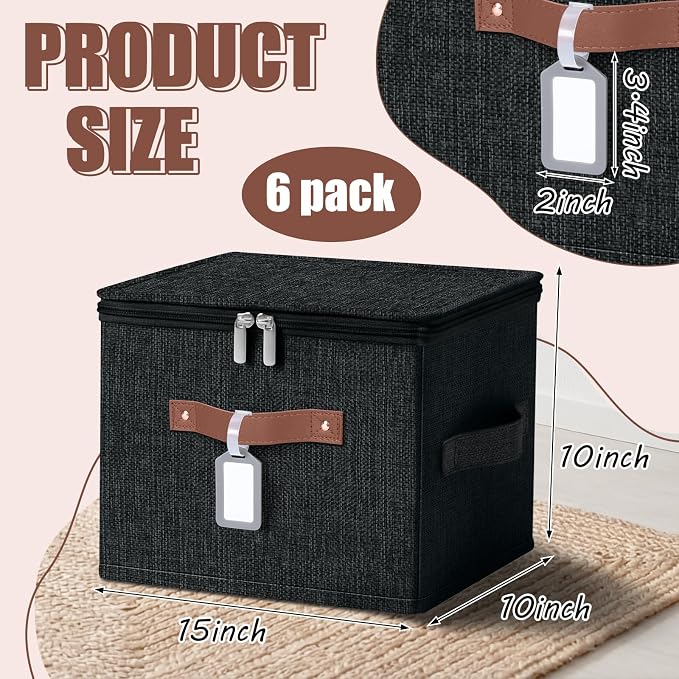 6 Pack Fabric Closet Storage Bins with Zipper Lids and Label, 15x10x10In Large Size Foldable Cotton Linen Storage Cubes Boxes with PU Leather Handles Holder for Bedroom, Shelf, Nursery, Black - Image 2