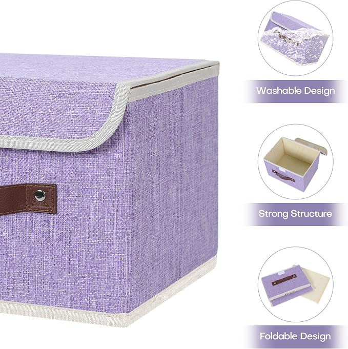 ANMINY Fabric Storage Box Bins with Lids, Purple, 10"x8"x7", 2 Pack | Keepsake Memory Storage, Cotton Linen, PP Board Reinforced, Washable, PU Handles, Foldable & Stackable, Decorative, Small - Image 4