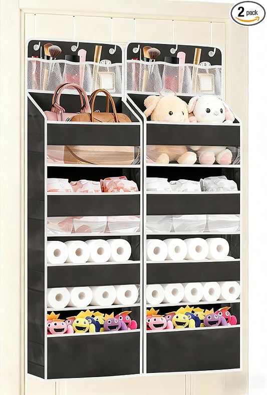 2 Pack Over the Door Storage Organizer - Space Saving Behind Door Hanging Organizer - Back Door Storage for Nursery/Pantry/Bathroom/Bedroom/Diaper/Toys, Black by Wakaye