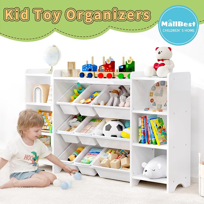 MallBest 57" Extra Wide Kids Bookshelf and Toy Storage Organizer, Solid Pine Wood Frame Playroom Organizer with 9 Bins, 4-Tier Toy Organizer for Kids Room, Nursery and Bedroom,White - Image 4