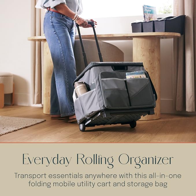 Folding Mobile Utility Cart, Canvas Organizer Bag, Dark Grey/Grey | Durable plastic, 30 compartments, adjustable handle, 40 lb capacity, collapses to 3" thick, rolling wheels for easy transport - Image 3