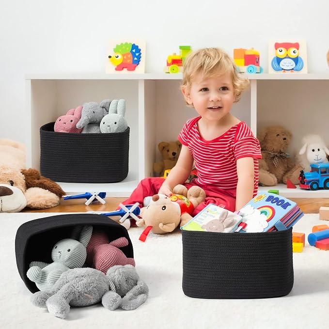 XUANGUO Woven Cotton Rope Storage Baskets 15x10x9.3" 3 Pack Black | Decorative rectangular storage baskets for shelves and closets; storage bins organize clothes, toys, books and nursery items. - Image 5