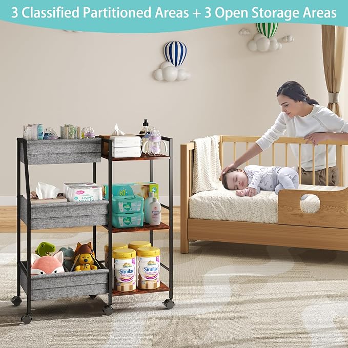 Rolling Nursery Diaper Caddy Organizer Cart, 3-Tier with Dividers - Image 4