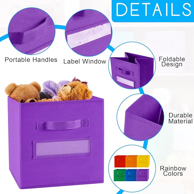 FillTouch 18pcs 11 Inch Fabric Storage Cubes Sturdy Colorful Cube Storage Bins with Label Window Handle Foldable Baskets for Kids Organizing Clothes, Toys, Books(School Color) - Image 3