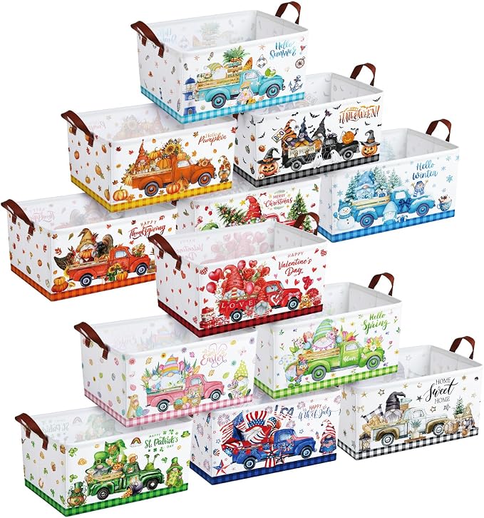 CHENGU 12 Pack Large Holiday Gifts Baskets Empty Collapsible Seasonal Storage Bin St Patricks Day Easter Canvas Laundry Basket Foldable Box with Handle for Home Office Bedroom Clothes Toys by CHENGU