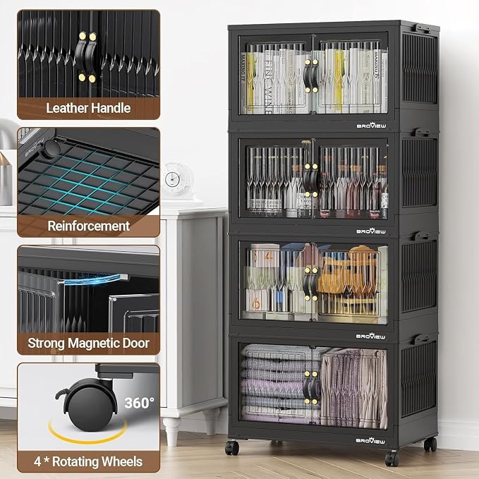BROVIEW 240Qt Stackable Storage Bins with Lid, Extra Large Closet Organizer Collapsible Drawer Boxes with Wheels, Folding Plastic Cabinet Containers for Home Kitchen Room Organization, 3Pack Black - Image 3