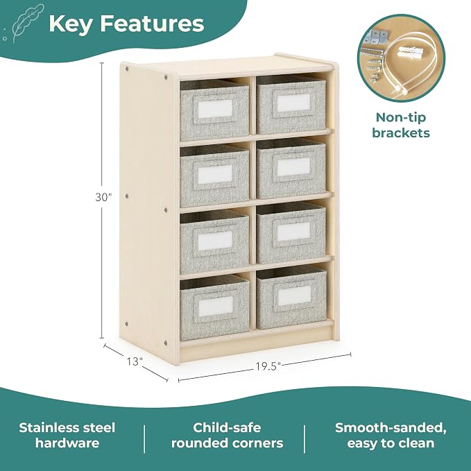 Guidecraft EdQ Cubby Toy Storage Organizer w/ 8 Fabric Bins 30"- Natural: Kids' Wood Bookshelf & Toy Organizer for Kids Playroom | Teacher School Supply Furniture for Classrooms and Home Organization - Image 2