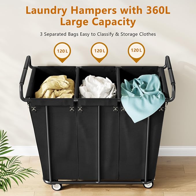 Gewudraw 3 Section Heavy Duty Laundry Sorter Cart with Wheels, 360L, Black | Rolling Laundry Hamper Sorter Cart, Extra Large Laundry Clothes Hamper, Laundry Basket Organizer for Bathroom, Bedroom, Hotel - Image 6