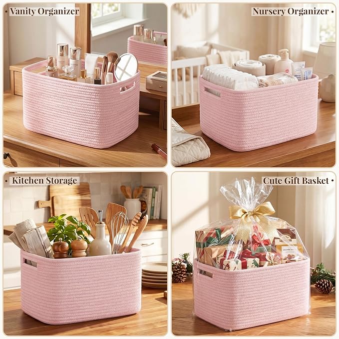 OIASKET 4Packs Natural Cotton Rope Storage Baskets for Organizing Toys, Clothes, Towels & Books, Soft Versatile Organizers for Shelves, Home Decorative Bins, 13''Lx9''Wx7.8''H, Pink - Image 8