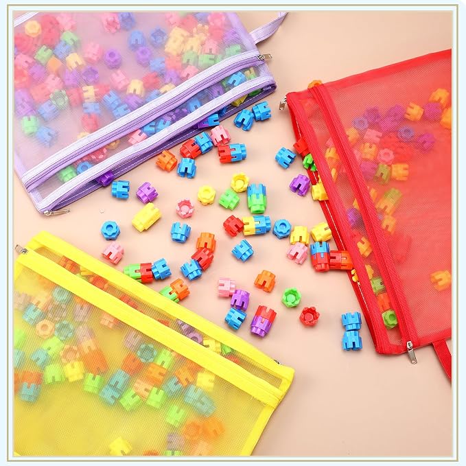 25 Pack Colored Mesh Zipper Pouch Bags Double Layer Nylon Puzzle Bags A4 Zipper Pouch with Handle for Toy Organizer Storage School Office (Purple, Blue, Watermelon Red, Yellow, Rose Red) - Image 4