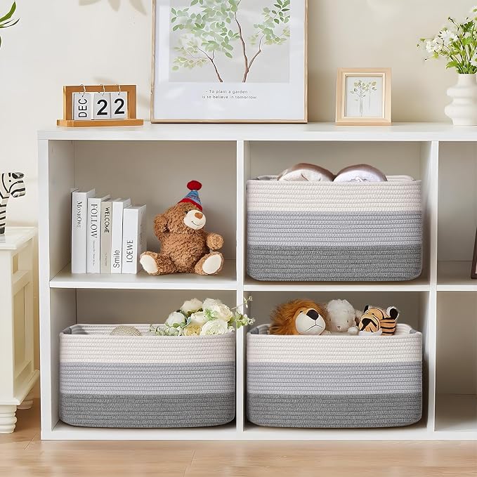 2 Pack Large Storage Basket for Organizing, 17.5"x13"x7" Woven Basket for Shelves, Closet Cube Storage Bins with Wrapped Handle, Cotton Rope Baskets for Kitchen, Clothes, Toys(Gradient Grey) - Image 6