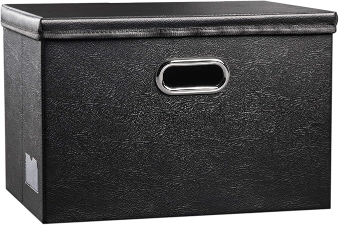 Large Collapsible Storage Bin with Lid [1-Pack] Leather Fabric Foldable Storage Box Organizer Containes Basket Cube with Cover for Home Bedroom Closet Office Nursery Black (17.7x11.8x11.8) by Prandom