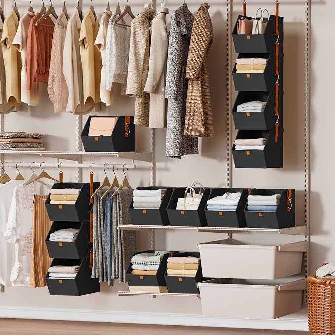Hanging Closet Organizer 4 Tier - Clothes Hanging Shelves, Space-Saving Closet System, Fabric Storage Bins Bedroom Organization, Collapsible Baskets for Home, Dorm, Rv, Black, 8 Pack - Image 2