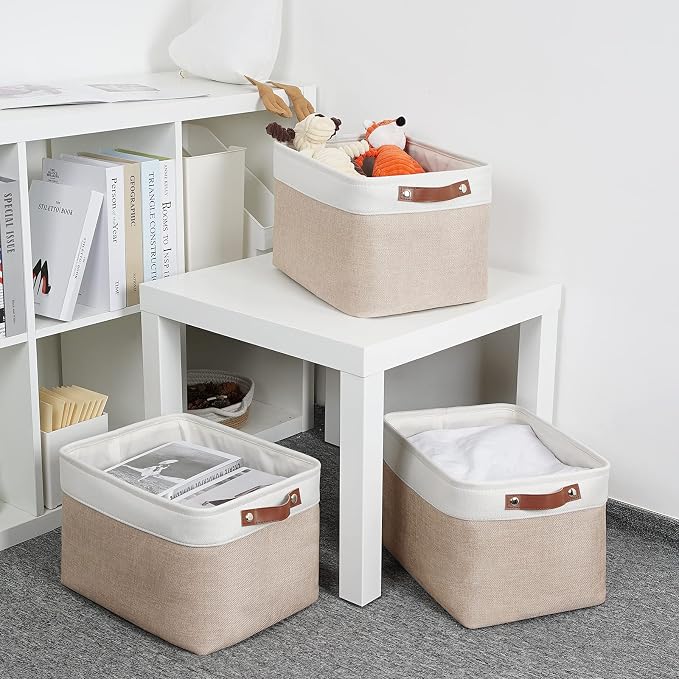 DULLEMELO Fabric Storage Bins, Storage Baskets for Organizing, Collapsible Rectangular Fabric Baskets for Shelves, Empty Gift Baskets (3-Pack Medium-15 inch X 11 inch X 9.5 inch , White&Khaki) - Image 7