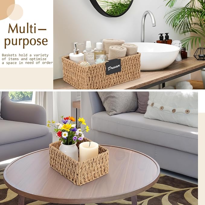 Marsui 6 Pcs Wicker Storage Baskets for Pantry Organization with Labels Handwoven Paper Rope Multi-size Natural Wicker Storage Bins for Organizing Small Baskets Container for Shelves Closet Toilet - Image 5