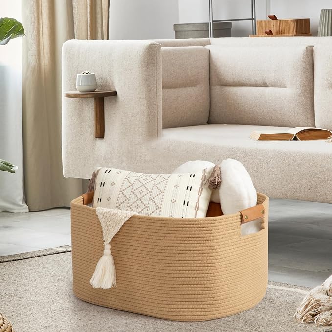 108 L Blanket Basket for Living Room, Toy Basket With Leather Handle, Large Storage Bins for Toys, Pillows, Clothes, Rectangle Large Cotton Rope Basket, 25’’*16’’*16’’ Jute - Image 3